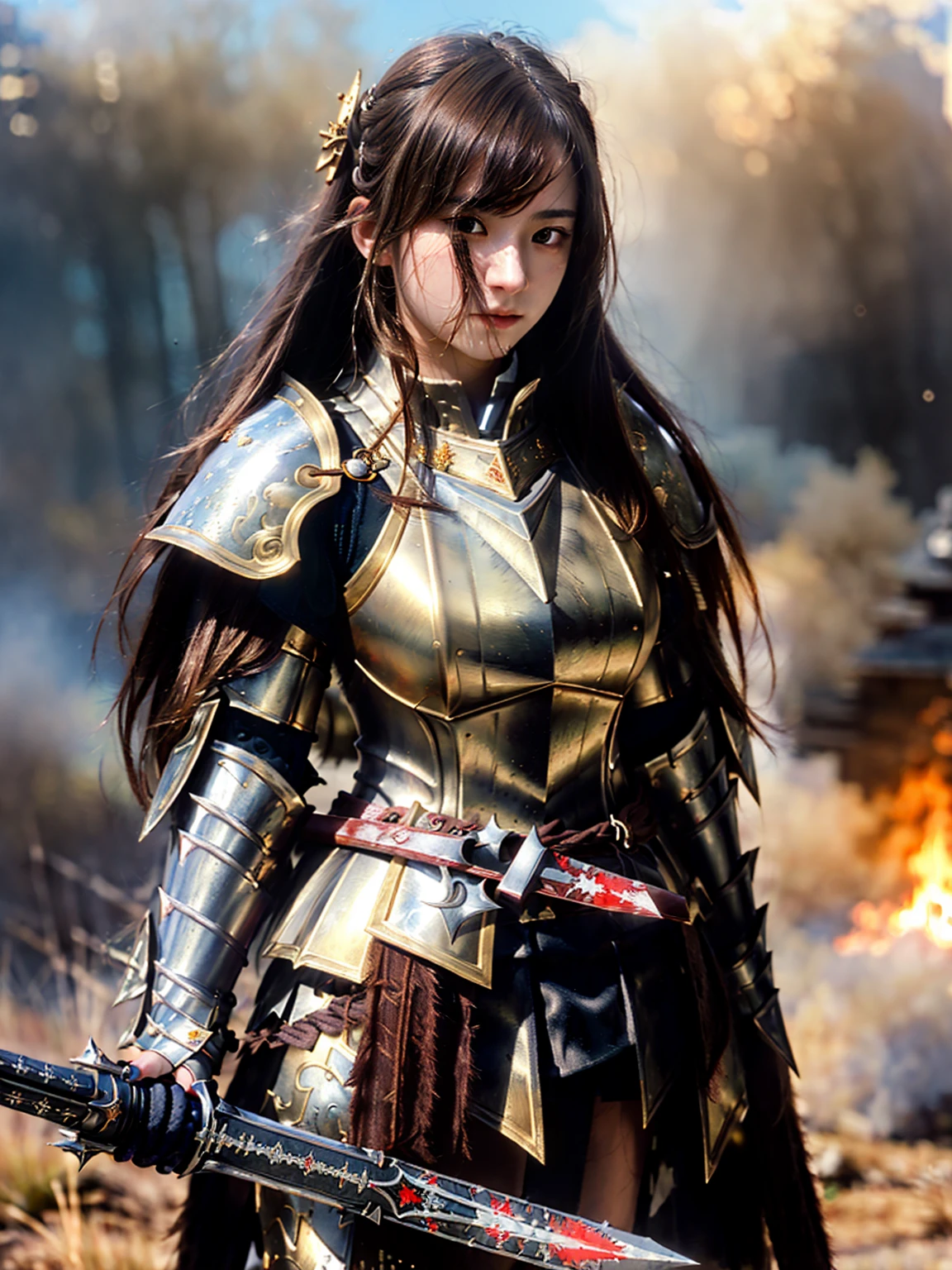 (((Realistic, masterpiece, best quality, crisp detail, high definition, high detail, sharp focus))), ((sleeveless)), 17 years old girl wearing heavy armor, golden armor, japan style armor, full body armor, decorated armor, long straight hair, long bloodstained sword, in epic war, fire and smoke everywhere, death anywhere