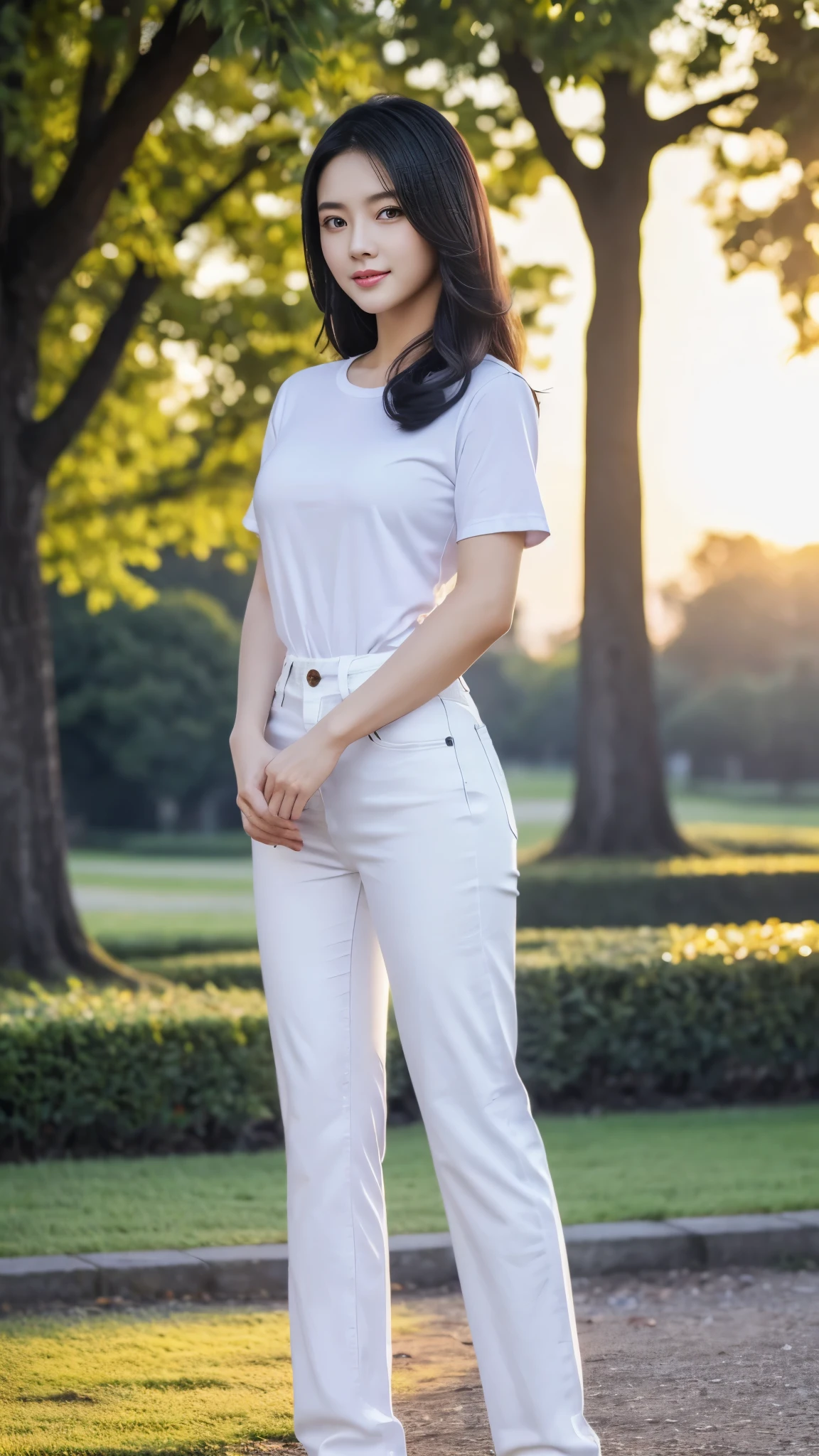 Front view,   full-body, Chinese girl, 21 century, looking at viewer, She is actress, beautiful Chinese  Young General, 26 years old, (Highly detailed face,  Black hair , middle hair ,Ordinary eyes,  Tapered eyebrows, Brown  eye, Variegated eyes, Fuller lips, little Lips, smile),(gold earning, white pearl neck less, lady's watch ), (White Ｔ－shirt, damage Blue denim, black hi-heal),  standing pose, on ground ,in palace Garden, looking back TV staff,  TV camera, reporters, sunset ,(masterpiece, Highest quality, masterpiece, God-like quality, Godly art, , Very realistic)