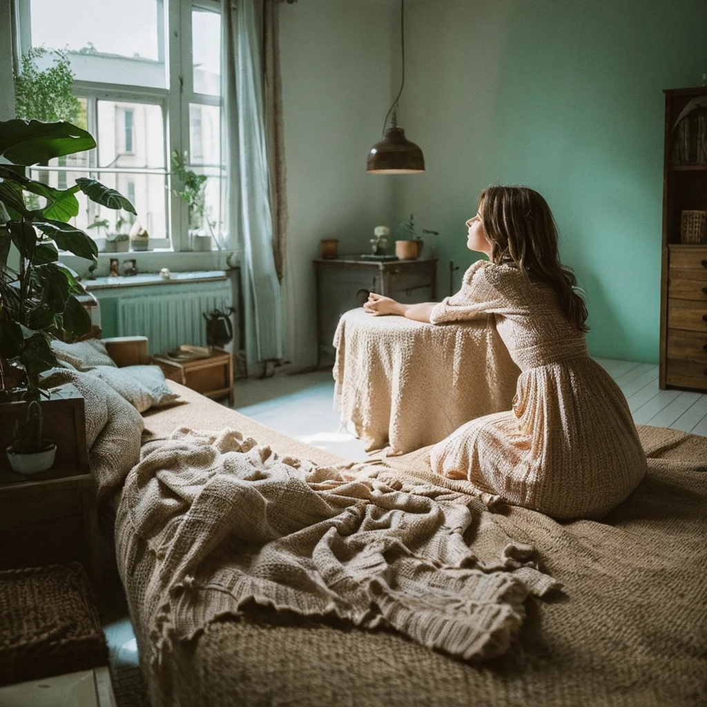 Ultra détaillée, mains réalistes, mains parfaites, belle femme, seulement, poitrine généreuse, Photo, appartement clair, corps entier de la tête au pied , esthétique de la photo, Est'essence de la vraie vie, cheveux couleur brune, Vingt ans, joyeux, Ciel cristallin, style analogique, grain de film, meilleure ombre, primitif, EstUT Instagram