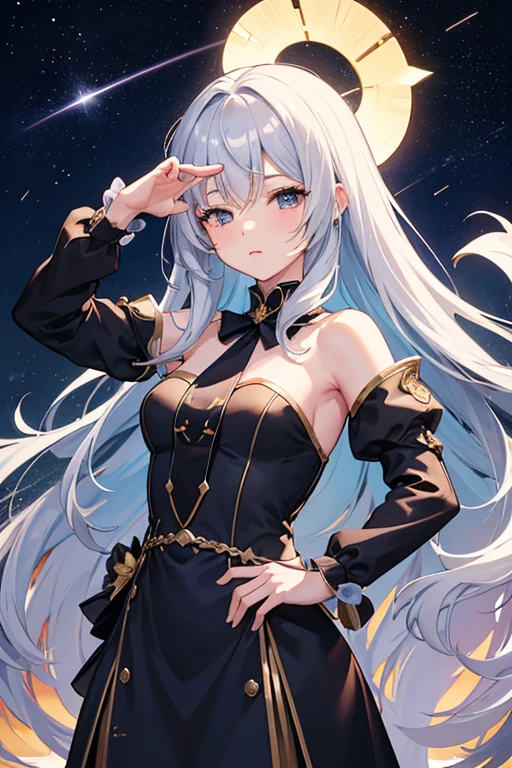 masterpiece, Highest quality, High resolution,Follow the on-screen instructions、Anime Style、Follow the prompts、One Girl、Long silver hair、、Wish、Close your eyes, clasp your hands, and bend your elbows、shooting star、Night Sky
