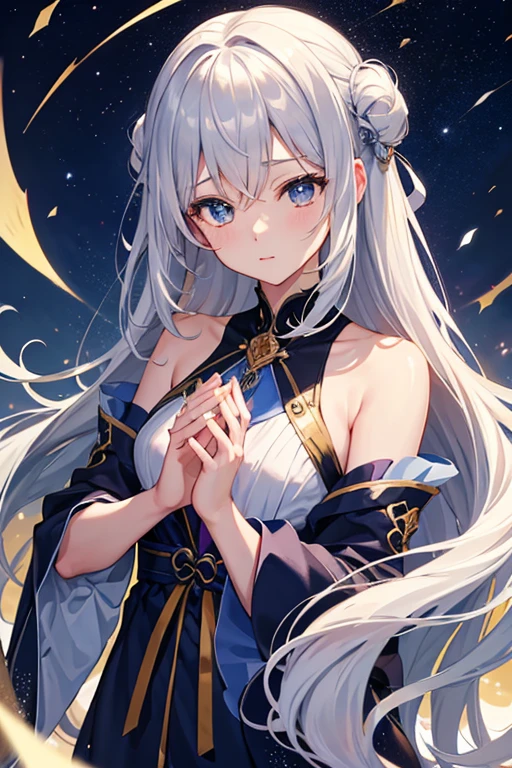 masterpiece, Highest quality, High resolution,Follow the on-screen instructions、Anime Style、Follow the prompts、One Girl、Long silver hair、、Wish、Close your eyes, clasp your hands, and bend your elbows、shooting star、Night Sky