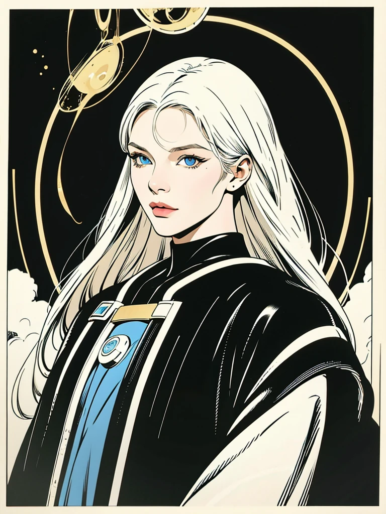 Woman with ,golden white hair,blue colored eyes,,,black space suit