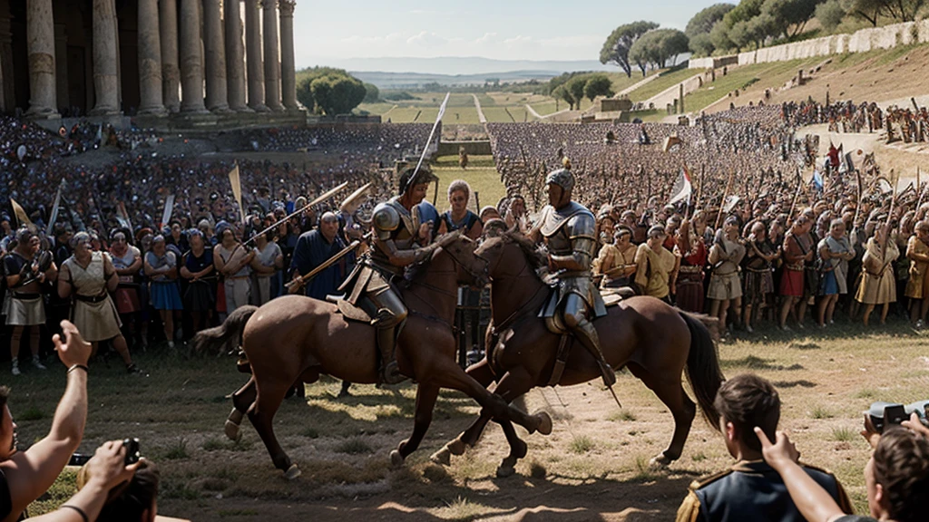 A representation of the epic Battle of Pharsalus, with Julius Caesar's legions clashing with Pompey's forces. The image must capture the chaos and intensity of the battle, with Roman soldiers in formation, banners in the wind and Caesar leading his troops with determination.