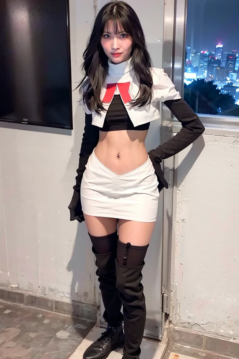 "1girl,photo of momo, brown hair,best quality, team rocket,team rocket uniform, red letter R, white skirt,white crop top,black thigh-highs, black elbow gloves,(detailed face:1.4), (looking at viewer:1.4), shiny skin, smile, city at night background ,(full body:1)