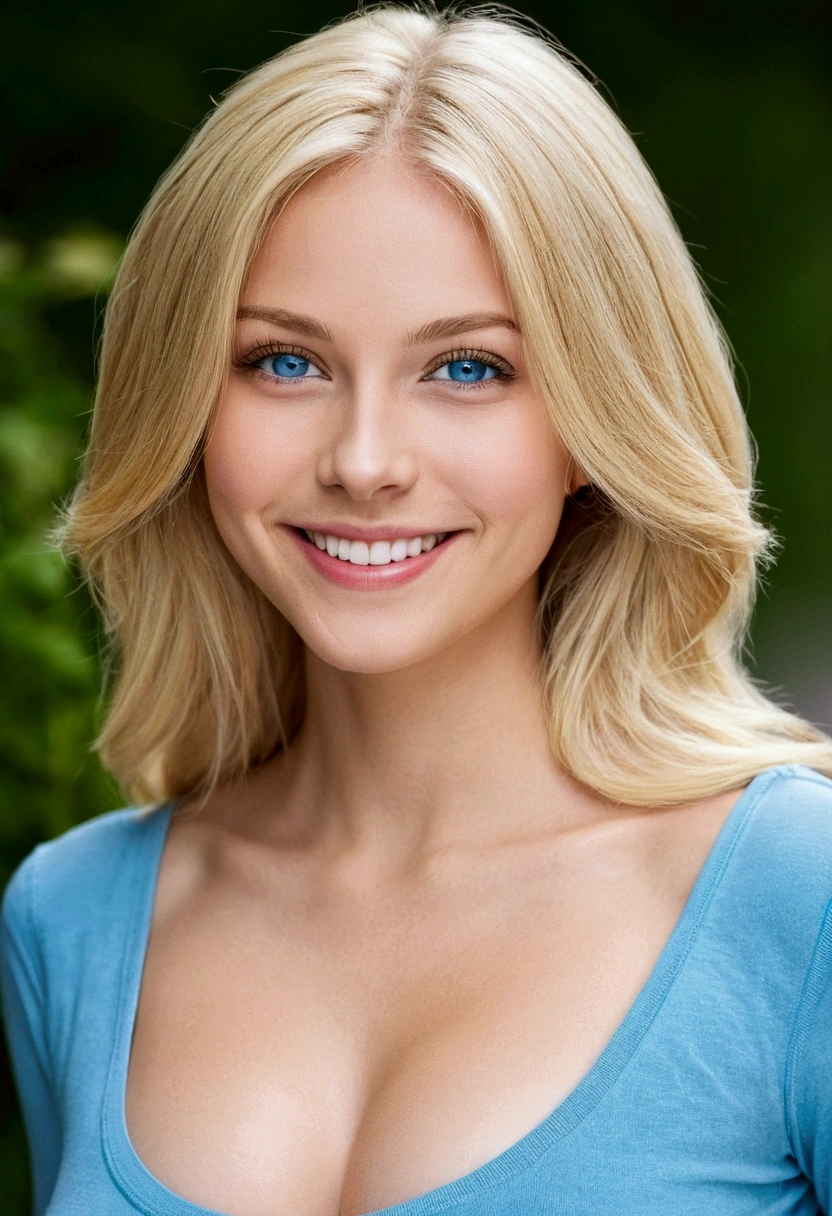Beautiful girl, with 2 breast size, blonde hair, thin build, height 167, weight 49, blue eyes, a beautiful smile 