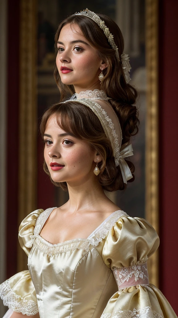 (best quality, 10k high res, masterpiece:1.2), ultra-detailed, (photo-realistic:1.37), ((best quality)), ((masterpiece)), (detailed), ((Jenna Coleman as a refined aristocratic lady from the Elizabethan era standing in a grand stately hall in brilliant sunshine)), ((enigmatic smile)), perfect eyes, ((beautiful high gloss shiny oiled skin)), ((Spectacular lemonyellow satin and white lace Elizabethan gown)), ((Elizabethan era hair and make-up)), ((blushed red cheeks)), ((light red lips)), ((full-length body)), side view, Elizabethan era hairstyle and make-up,big breasts
