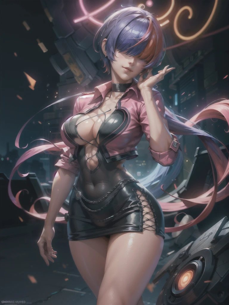 (night), in a video game scene with a neon background and a neon light,
Standing at attention,
pink suit, pink jacket, choker, neckline, clothing cut, 
earrings,
 purple hair, eyes completely covered by hair bangs ((hair over eyes)),
1 girl, 20 years old, Young woman, Beautiful finger, Beautiful long legs, Beautiful body, Beautiful nose, Beautiful character design, perfect face,
looking at viewer (focusing on his face), mouth closed, Light_Smile,
official art, extremely detailed CG unity 8k wallpaper, perfect lighting, colorful, bright front lighting, shiny skin,
(masterpiece: 1.0), (best_quality: 1.0), ultra-high resolution, 4K, ultra-detailed,
photography, 8K, HDR, high resolution, absurdities:1.2, Kodak portra 400, film grain, blurred background, bokeh:1.2, lens flare, (vibrant_color:1.2), professional photography,
(Beautiful, breasts: 1.4), (beautiful_face: 1.5), (narrow_waist),