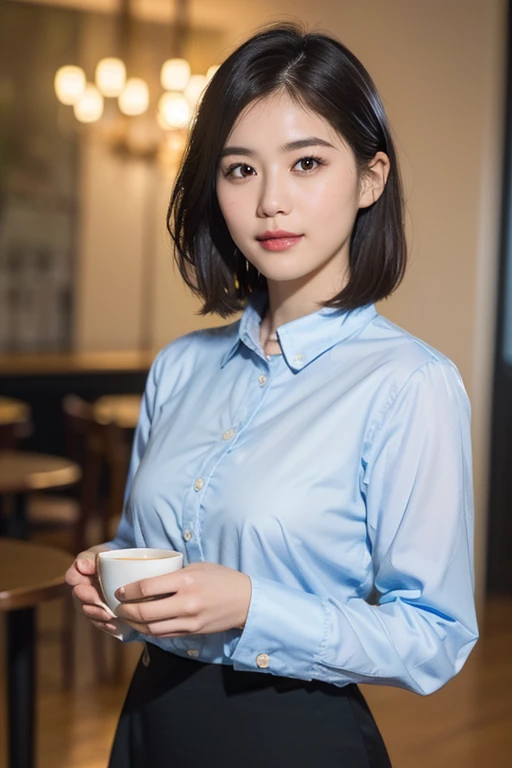 (a beautiful japanese woman with short hair, 23 years old, a gentle smile, wearing a collared shirt, a blue pencil skirt , in a coffee cafe, bokeh background, cowboy_shot, peace in simplicity, (best quality,4k,8k,highres,masterpiece:1.2),ultra-detailed,(realistic,photorealistic,photo-realistic:1.37),HDR,UHD,studio lighting,ultra-fine painting,sharp focus,physically-based rendering,extreme detail description,professional,vivid colors,bokeh,portraits,photography)