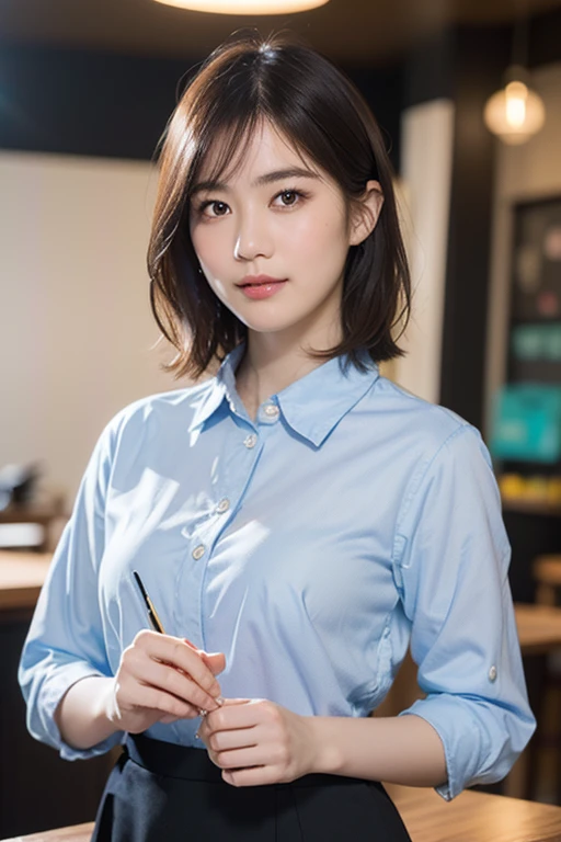 (a beautiful japanese woman with short hair, 23 years old, a gentle smile, wearing a collared shirt, a blue pencil skirt , in a coffee cafe, bokeh background, cowboy_shot, peace in simplicity, (best quality,4k,8k,highres,masterpiece:1.2),ultra-detailed,(realistic,photorealistic,photo-realistic:1.37),HDR,UHD,studio lighting,ultra-fine painting,sharp focus,physically-based rendering,extreme detail description,professional,vivid colors,bokeh,portraits,photography)