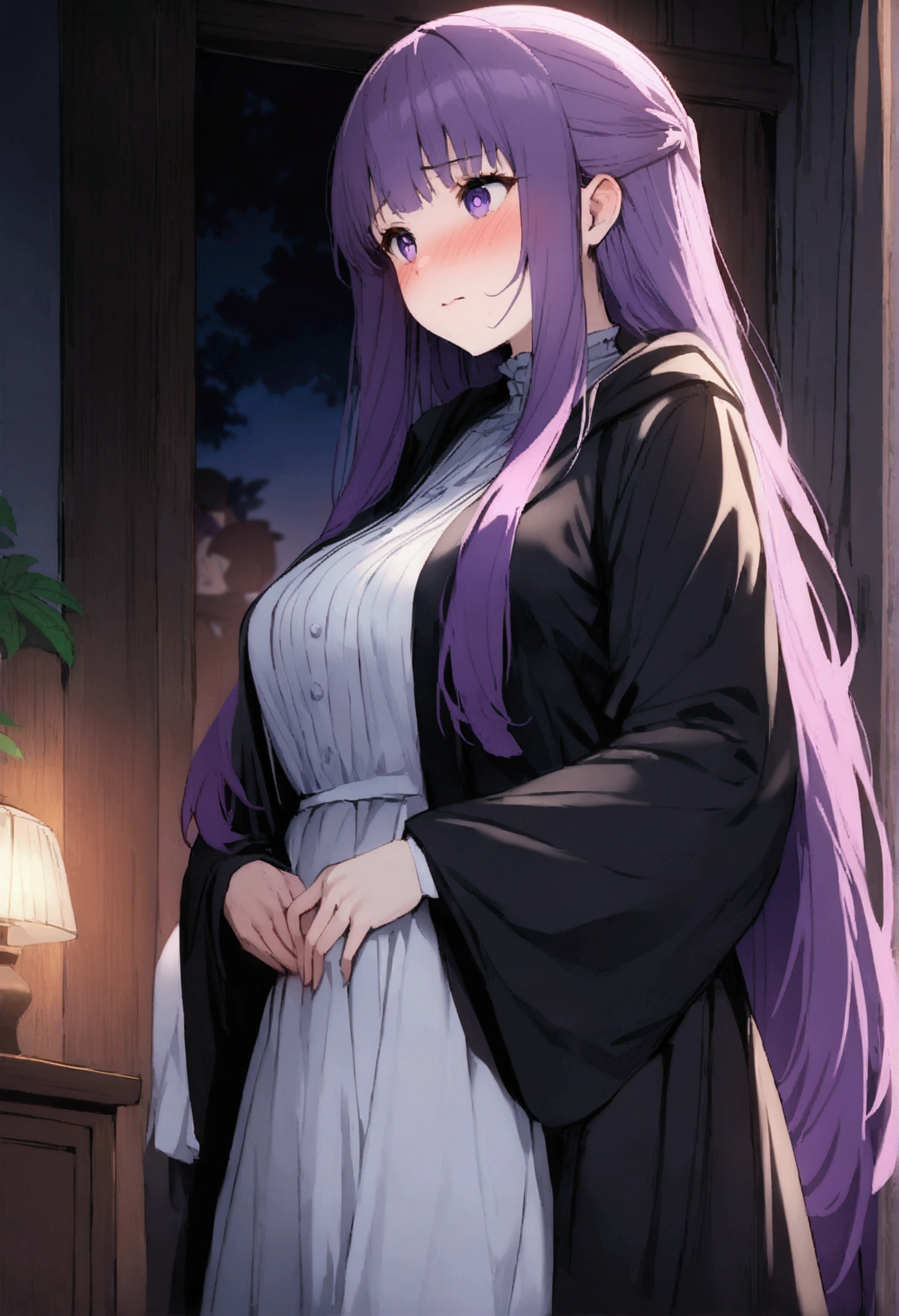 NSFW,masterpiece,Highest quality,High resolution,Super detailed,Fern\(Funeral of Frieren\),Purple eyes,Purple Hair,Long Hair,White Dress,Robe,Open clothes,Embarrassed,blush,expectant face,Inn at night,bedroom,(Warrior Men),A man puts his hands on her waist and hugs her