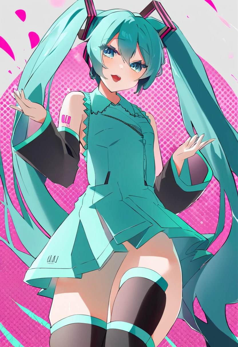 best quality, ultra detailed, beautiful face, perfect anatomy, 1girl, solo, mememe, long hair, aqua hair, blunt bangs, pink eyes, pink dress, purple sleeves, purple thigh highs, white background,