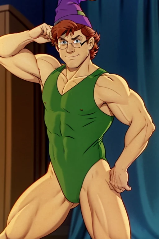 a redhead cartoon character dressed in a green leotard, very muscular, a young male wizard, 1980s cartoon, animated episode still, Presto (((mad))), ((He wears a wizard hat and eyeglasses))