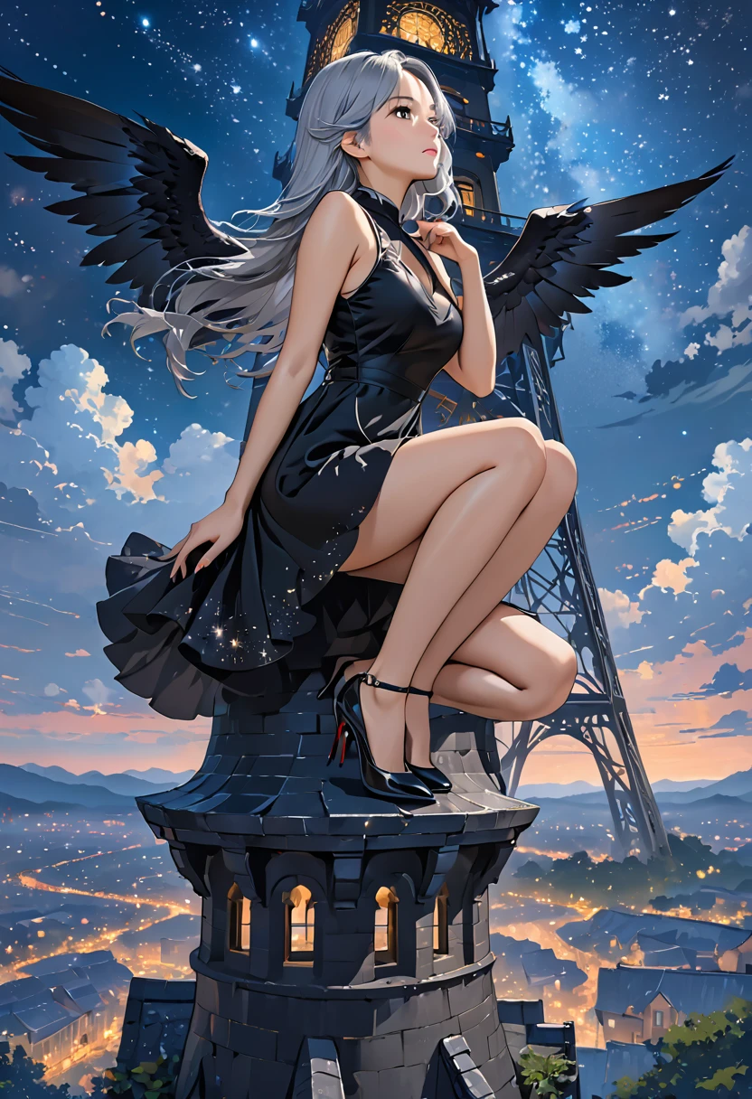 ((Highest quality)), ((masterpiece)), (detailed), One girl,Silver Hair,Long Hair,Dark Skin,Wearing a black sleeveless dress,Wear black high heels,Squatting pose on top of the tower,Starry Sky,cloud,Girl with black wings,Look away