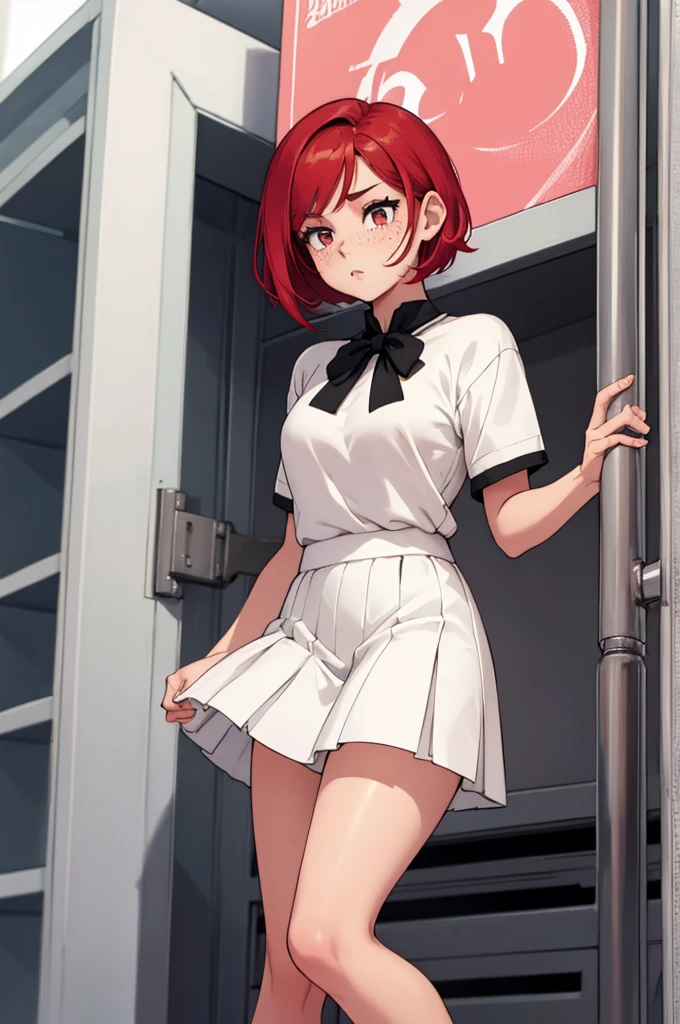 cute sexy girl with short red hair, freckles, pink short sleeve sweater over white short sleeve shirt, white skirt, black short leggings, high top sneakers and white socks, black tie