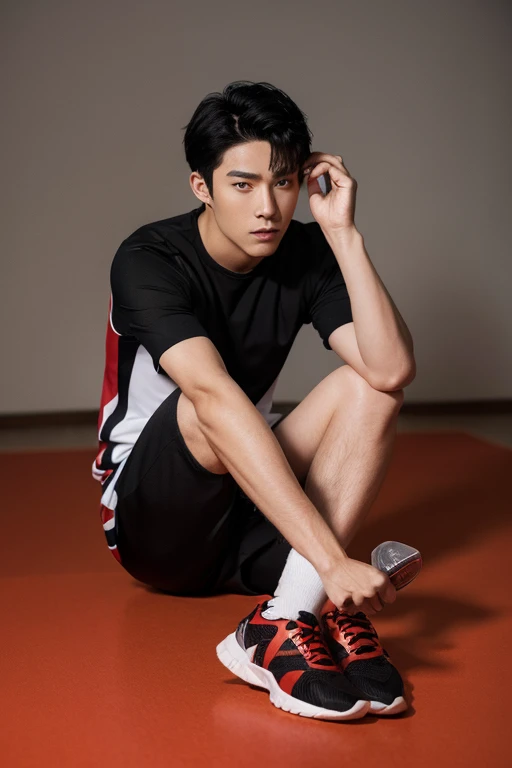 full body photograph wearing sportswear man with red eyes with black hair
