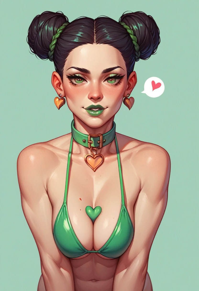 Jolene Cujo,1 girl,One,
double bun,braided ponytail,
Green lips,
neck collar,life,heart on chest, in thongs and bikini