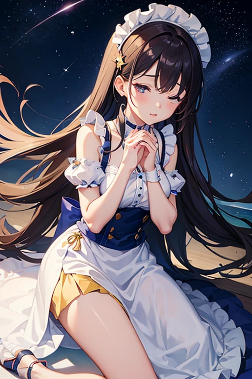 masterpiece, Highest quality, High resolution,Follow the on-screen instructions、Anime Style、Follow the prompts、One Girl、Maid clothes、、Wish、Close your eyes, clasp your hands, and bend your elbows、shooting star、Night Sky