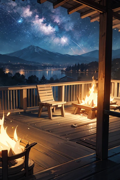 Draw a wide anime scene, balcony inside an institute, long wooden seat, seen from behind, with a view of a mountain in the background, campfire background, starry sky, dark bluish tones, melancholic scene