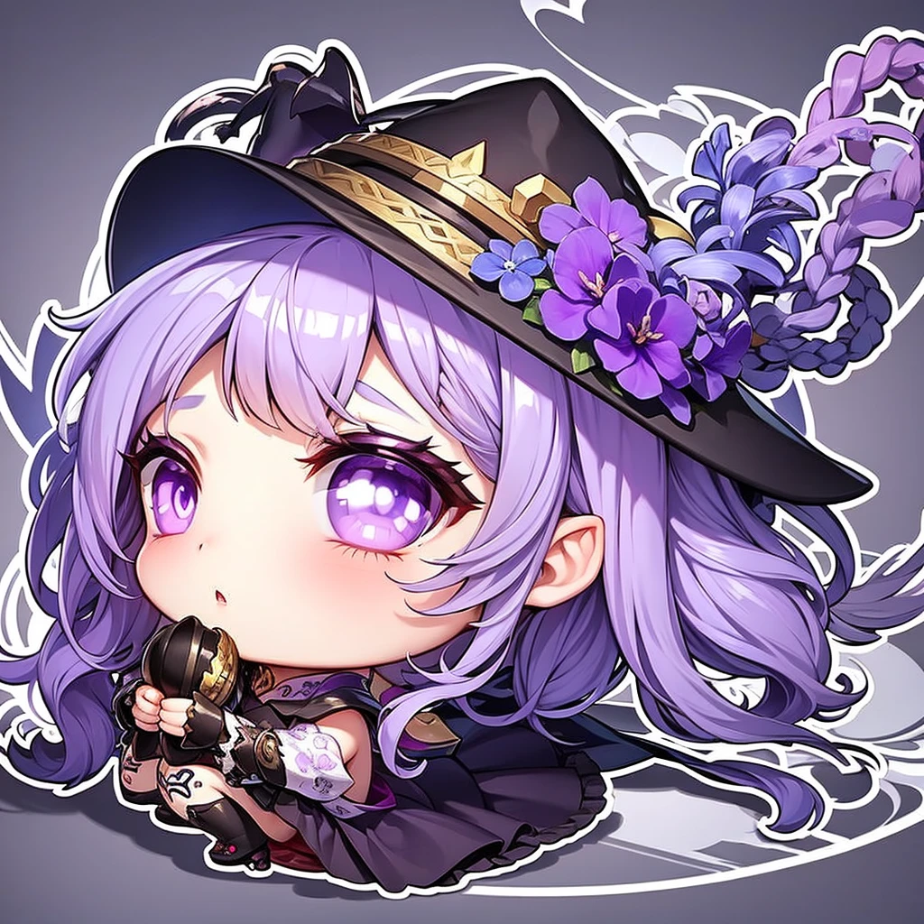 Adult elf girl. Witch, witch hat, flowers in hair. Purple hair, purple hair. Medieval. Tattooed. chibi,