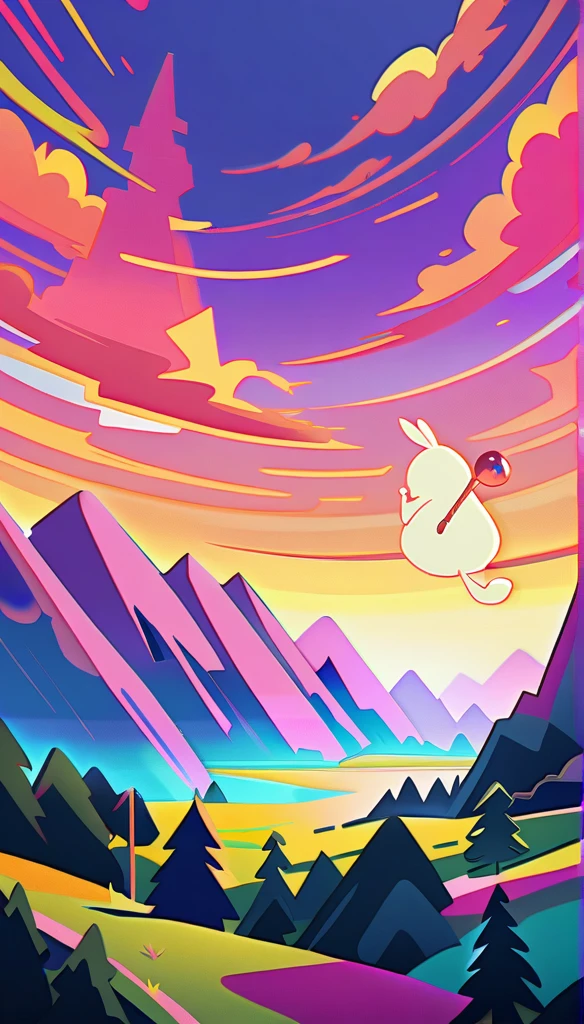 a rabbit, Venture into a fantasy landscape., beautiful, capricious, 1 chico, Beautiful detailed eyes, beautiful detailed lips, extremely detailed face, Magic wand, to you, forest, mountains, clouds, sunlight, vibrant colors, fantasy art, animated style, 4k, high quality, masterpiece1,hood, Witch hat, simple background, abstract, illustration, cheered up, animated style, 