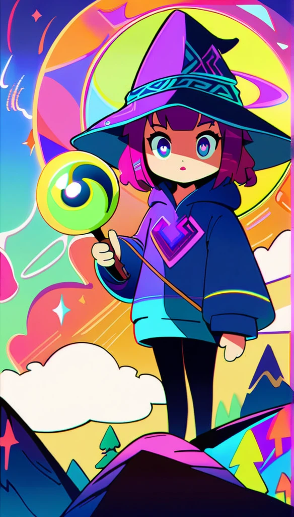 a rabbit, Venture into a fantasy landscape., beautiful, capricious, 1 chico, Beautiful detailed eyes, beautiful detailed lips, extremely detailed face, Magic wand, to you, forest, mountains, clouds, sunlight, vibrant colors, fantasy art, animated style, 4k, high quality, masterpiece1,hood, Witch hat, simple background, abstract, illustration, cheered up, animated style,