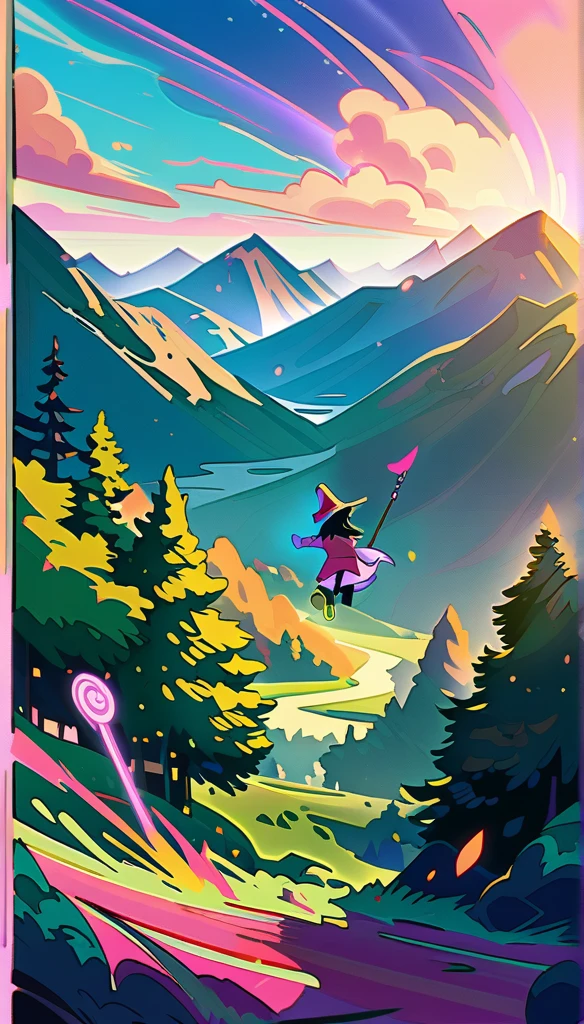 a rabbit, Venture into a fantasy landscape., beautiful, capricious, 1 chico, Beautiful detailed eyes, beautiful detailed lips, extremely detailed face, Magic wand, to you, forest, mountains, clouds, sunlight, vibrant colors, fantasy art, animated style, 4k, high quality, masterpiece1,hood, Witch hat, simple background, abstract, illustration, cheered up, animated style,