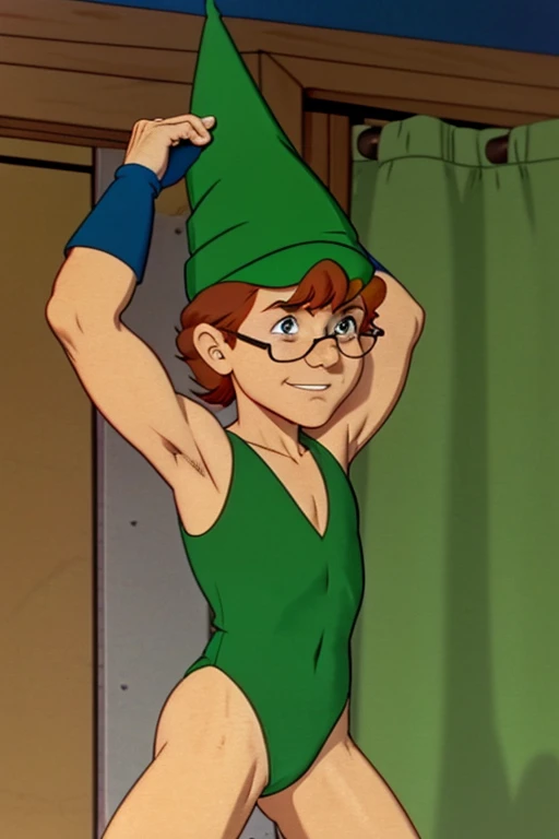 a redhead cartoon character dressed in a green leotard, very muscular, a young male wizard, 1980s cartoon, animated episode still, Presto (((mad))), ((He wears a wizard hat and eyeglasses))