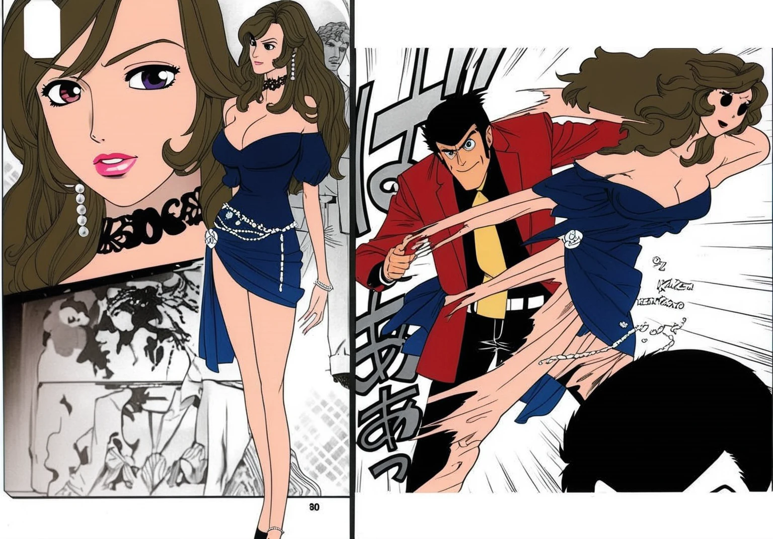 Long black red hair, tan skin, dark brown eyes, suit, suit jacket over shoulder, white button up unbuttoned and loose, tough expression, cold expression, scars, female, woman, sitting, open legs, black suit, black suit jacket, open white buttoned shirt, black pants
