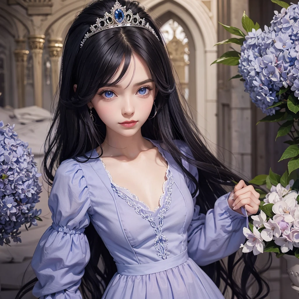 princess in a castle. Hair black, blue eyes and a lilac dress.
