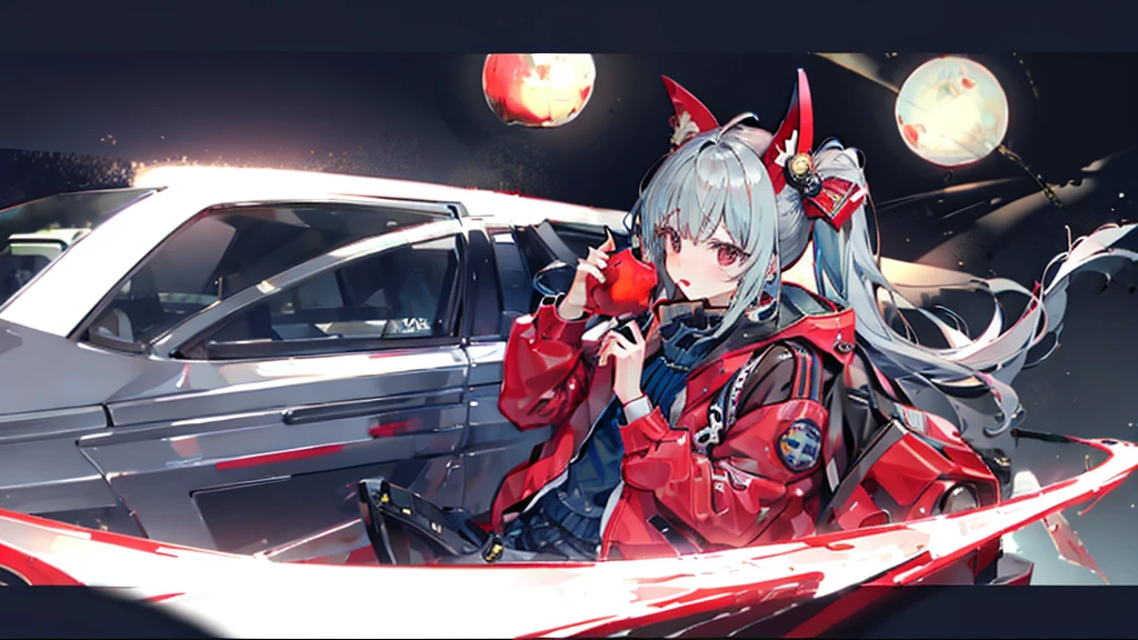 Wearing a souvenir jacket、woman、Eating an apple、Night Port、Embarrassed expression