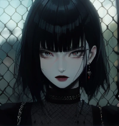 animetoreal, high-resolution digital painting of a young woman with a striking, intense gaze. She has straight, jet-black hair cut in a bob with bangs framing her face. Her large, expressive eyes are highlighted by subtle makeup, and she wears a bold red lipstick. She is adorned with long, silver earrings and a chain necklace over a black, fishnet top.