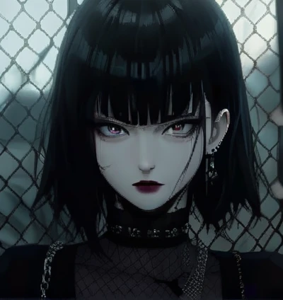 animetoreal, high-resolution digital painting of a young woman with a striking, intense gaze. She has straight, jet-black hair cut in a bob with bangs framing her face. Her large, expressive eyes are highlighted by subtle makeup, and she wears a bold red lipstick. She is adorned with long, silver earrings and a chain necklace over a black, fishnet top.