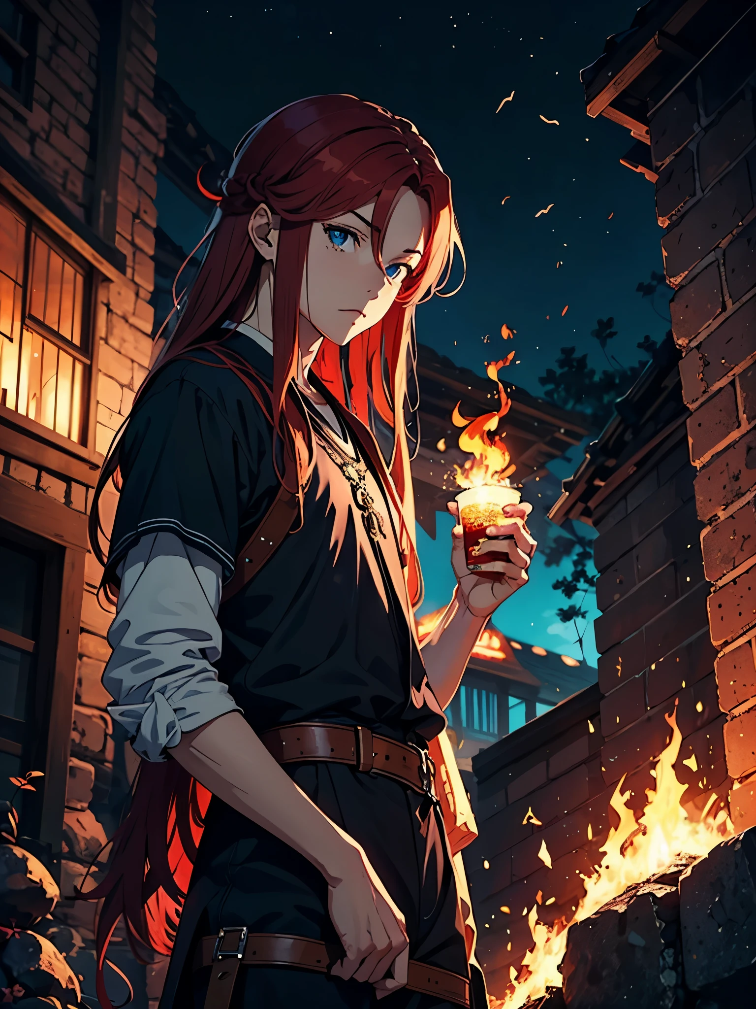 Blue fire. Even more anime style. More anime. More 2D. Clean. More anime. 2d. Glow. Red hair. More anime. male. Long hair. long red hair. boy, vikings. red hair. Blue eyes. fire.