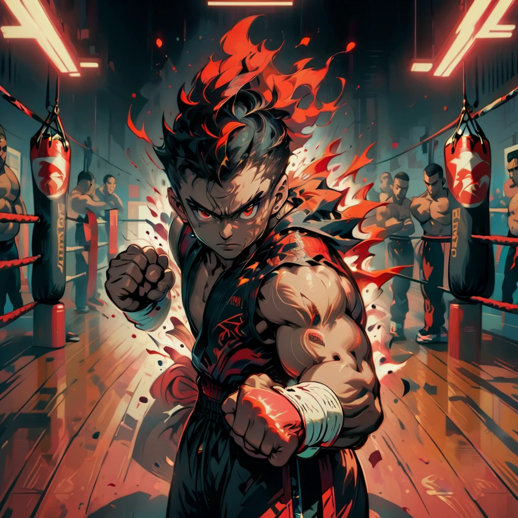 a fiercely determined man, black medium taper fade, striking red eyes, powerful boxing stance, boxing gym background, modern Frutiger Aero aesthetic style, vibrant colors, sharp details, 4k HD resolution, sleek and stylish appearance, front view, ambient light