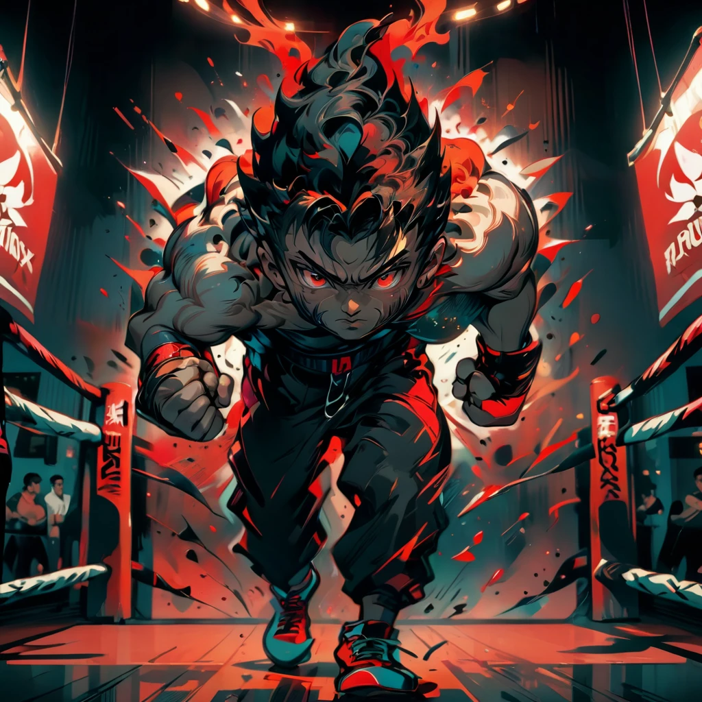a fiercely determined man, black medium taper fade, striking red eyes, powerful boxing stance, boxing gym background, modern Frutiger Aero aesthetic style, vibrant colors, sharp details, 4k HD resolution, sleek and stylish appearance, front view, ambient light