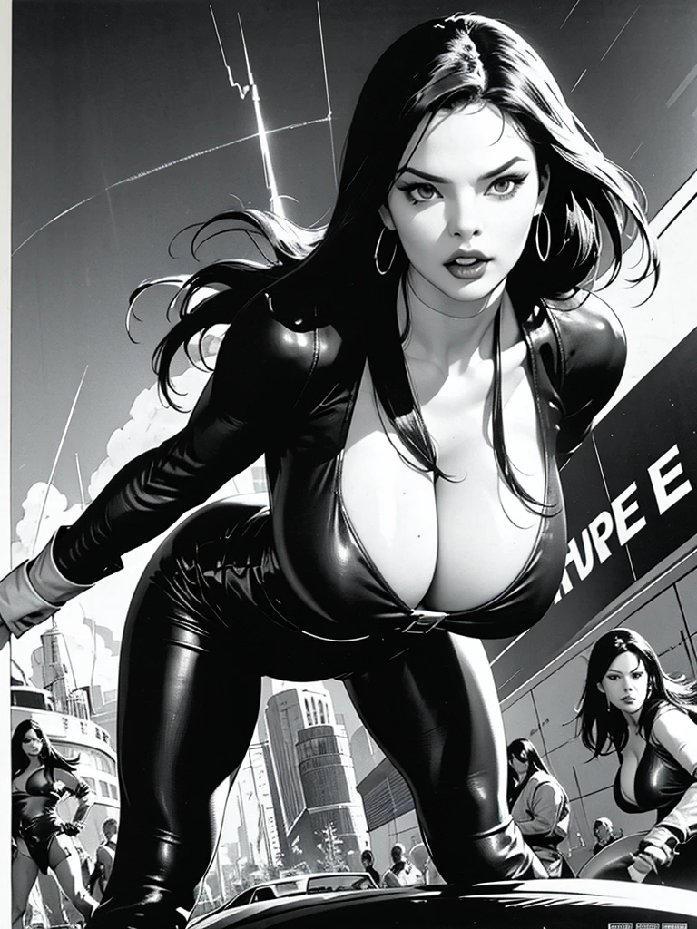 1woman, longhair,dark eyes, fine lips, Round face, huge breasts,exposed cleavage, Broad Hips, wearing leather bodysuit, fierce gaze, sharp claws ready to attack, teeth showing, sfw