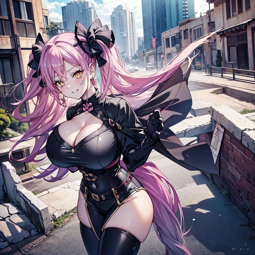 1 girl twintails hair, long hair, pink hair, yellow eyes anime, medium breasts, medium ass, Hairpins, Choker, big smile, happy face, Standin, Japanese , looking at the scenery, a hand on the forehead watching the scenery, wind, mouth open surprised and happy, long heart-shaped earrings, ultra detailed, 8K wallpaper, Houses and road in the background, sexy pose, (NSFW), anime, anime screencap, gigantic breasts, huge breasts, woman wearing full bodystocking, necromancer, raven, MILF, (very large breast), milf, (mature female), gloves, earrings, navel focus, capes, Elegant body, curvaceous but thin, the woman have beautiful detailed eyes, detailed textures, otherworldly ruins, fantasy, RPG, Dark atmosphere, extreme shading, masterpiece, best quality, milf, mature female, milfication, The armor covers her breasts and abdomen, ultra mega hyper ultra mega hyper ultra mega super big and beastly huge breasts. 