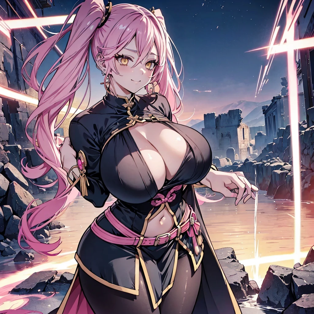 1 girl twintails hair, long hair, pink hair, yellow eyes anime, medium breasts, medium ass, Hairpins, Choker, big smile, happy face, Standin, Japanese , looking at the scenery, a hand on the forehead watching the scenery, wind, mouth open surprised and happy, long heart-shaped earrings, ultra detailed, 8K wallpaper, Houses and road in the background, sexy pose, (NSFW), anime, anime screencap, gigantic breasts, huge breasts, woman wearing full bodystocking, necromancer, raven, MILF, (very large breast), milf, (mature female), gloves, earrings, navel focus, capes, Elegant body, curvaceous but thin, the woman have beautiful detailed eyes, detailed textures, otherworldly ruins, fantasy, RPG, Dark atmosphere, extreme shading, masterpiece, best quality, milf, mature female, milfication, The armor covers her breasts and abdomen, ultra mega hyper ultra mega hyper ultra mega super big and beastly huge breasts. 