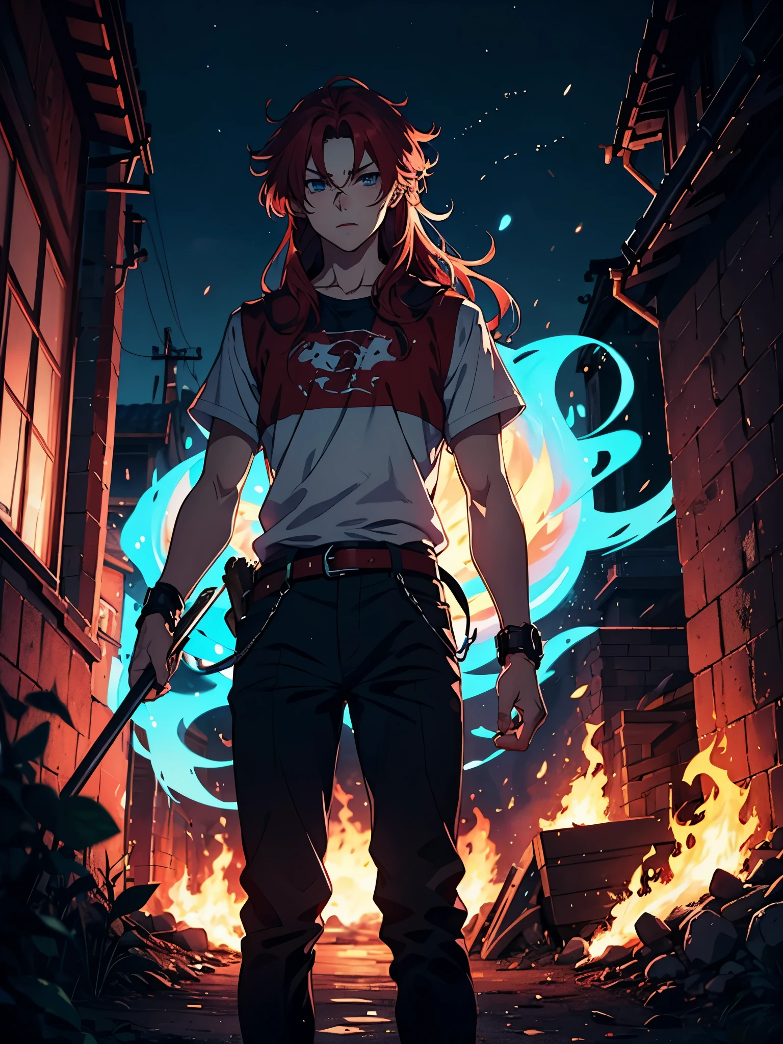 Blue fire. Even more anime style. More anime. More 2D. Clean. More anime. 2d. Glow. Red hair. More anime. male. Long hair. long red hair. boy, vikings. red hair. Blue eyes. fire. 