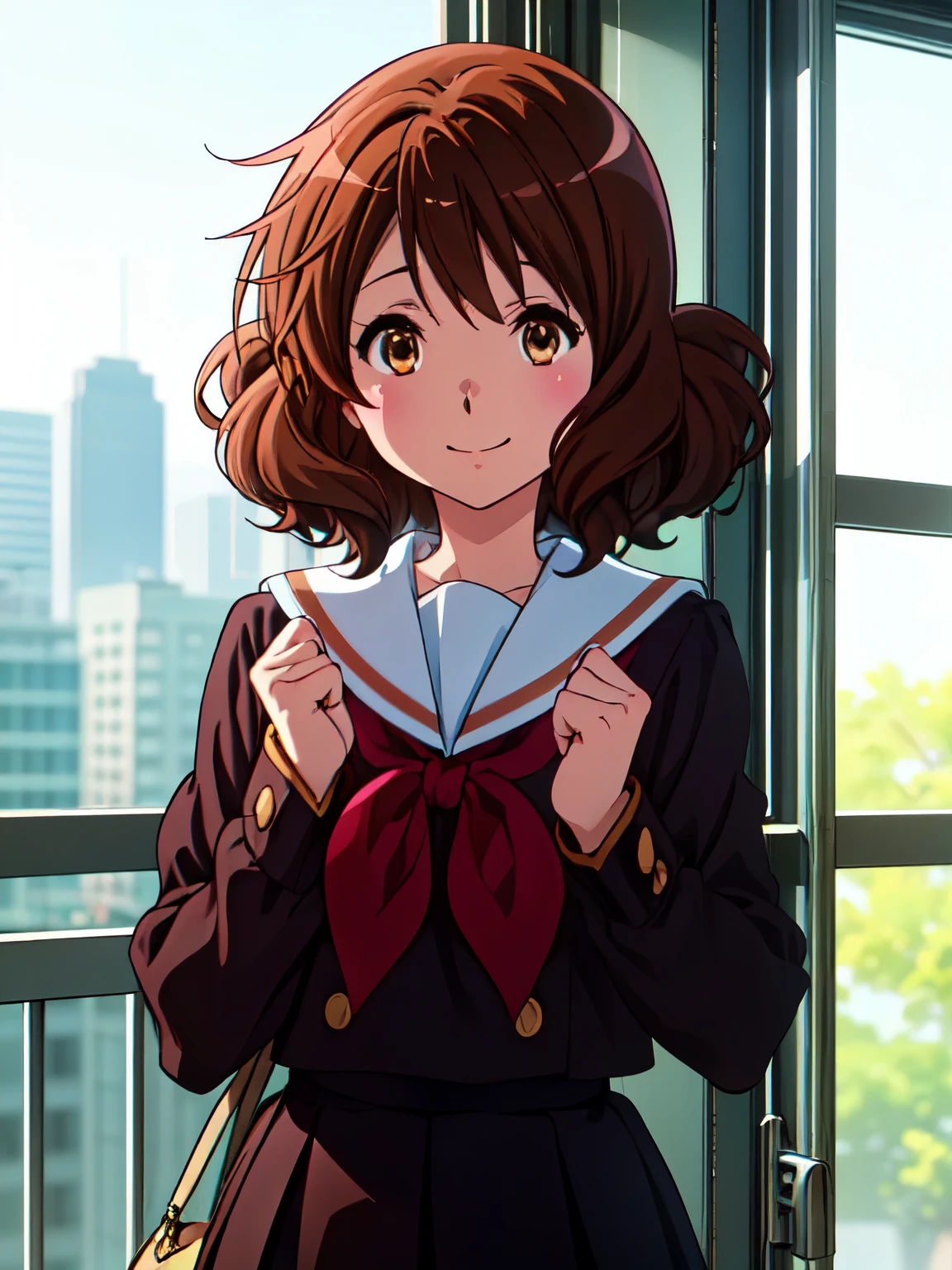 kumiko oumae, kumiko oumae, (Brown eyes:1.5), Brown Hair, short hair, Wavy Hair, Hot Face, blush, Sailor suit, , high school girl, Red ribbon, Downward, smile, very cute and beautiful girl,Teen,(Very detailedな美しい顔),
(Highest quality,masterpiece),Absurd,High resolution,Very detailedな,Very detailed,32K,8k resolution,  (Perfect hands, Perfect Anatomy),