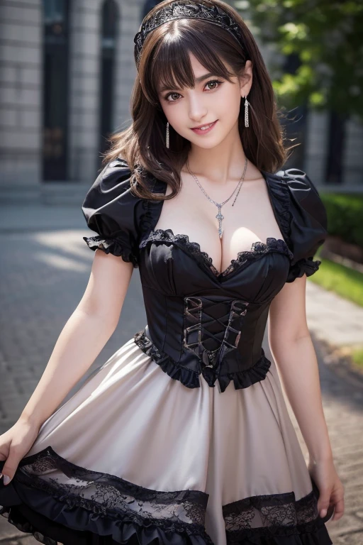 A gothic ta girl with white skin, short layered dark brown hair with bangs, brown eyes, and a soft aura. Dressed in a black and purple loliress with a ruffled skirt, lace details, and a dark lipstick. She has a silver cross necklace, gothic earrings, and a ring. (Highest quality, Ultra-high resolution, 8k, RAW Photos, Ultra-high resolution: 1.2, masterpiece: 1.3), (Realistic, Realistic: 1.37), Very detailed, Professional Lighting, Photon Mapping, Radio City, Physically Based Rendering, One Girl, high school girl, Sharp focus:1.2、Beautiful woman:1.4,cute, Nice, Adorable smile, Normal chest, (Cleavage), (Dark brown short hair), (A cute toothy smile)