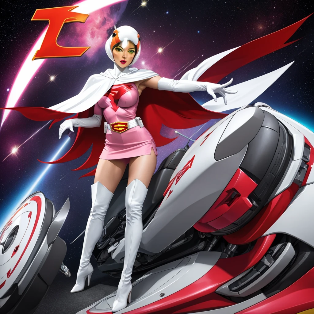 ANI_CLASSIC_jun_gatchaman_ownwaifu,1girl, 18yo,good anatomy, masterpiece, best quality,realistic, hyperrealistic, 16k hdr, long hair,breasts,green eyes,lips,large breasts,lipstick,makeup,gloves,cape,helmet,belt,elbow gloves,white gloves,mask,ultra miniskirt,leotard,spacesuit,white tight overknee highheels boots,pink dress,superhero,bodysuit,cleavage,erected nipples,(sexy pose,front view),(spread legs:1.1)