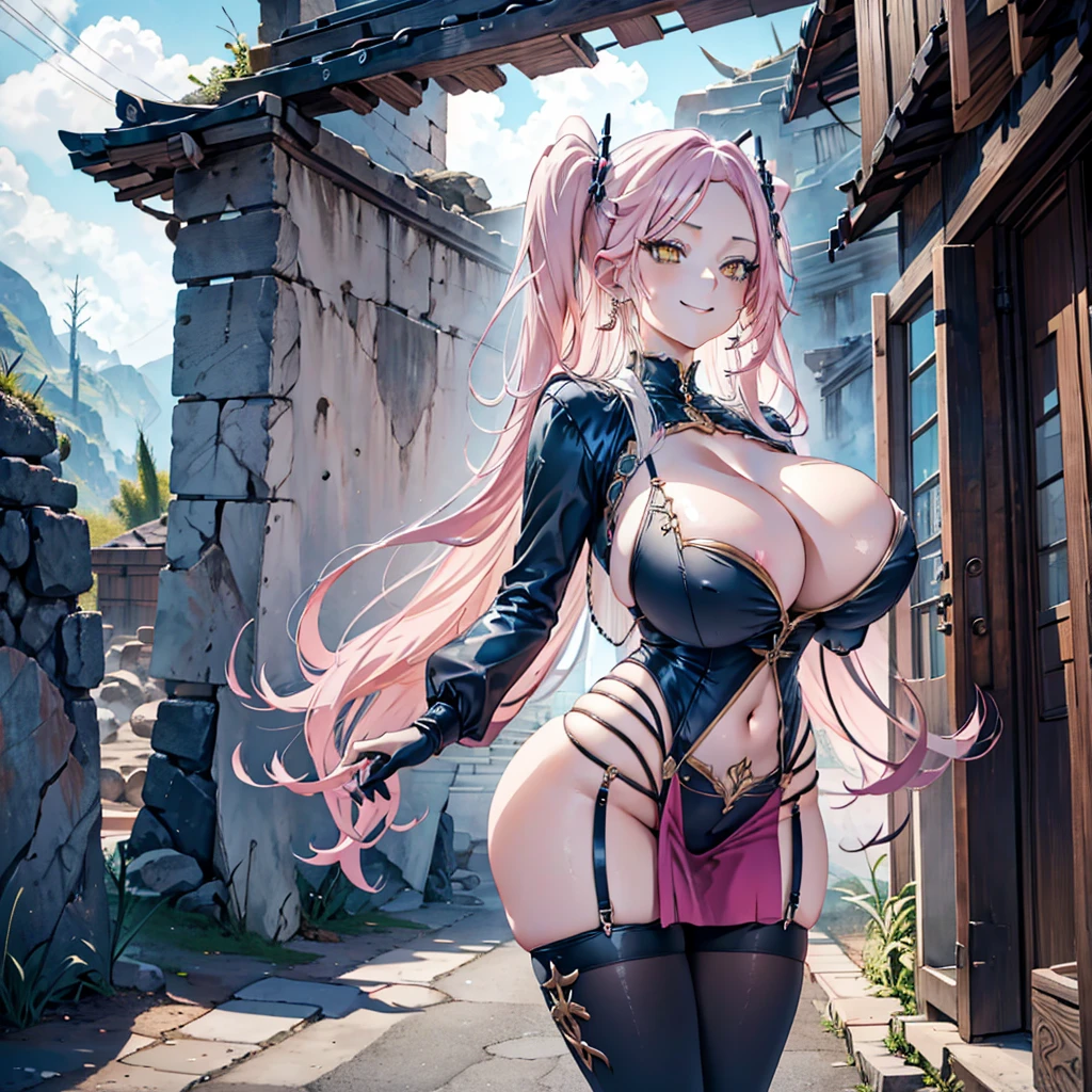 1 girl twintails hair, long hair, pink hair, yellow eyes anime, , medium , Hairpins, Choker, big smile, happy face, Standin, Japanese , looking at the scenery, a hand on the forehead watching the scenery, wind, mouth open surprised and happy, long heart-shaped earrings, ultra detailed, 8K wallpaper, Houses and road in the background,  pose, (), anime, anime screencap, , , woman wearing full bodystocking, necromancer, raven, MILF, (very large ), milf, (mature female), gloves, earrings, navel focus, capes, Elegant body, curvaceous but thin, the woman have beautiful detailed eyes, detailed textures, otherworldly ruins, fantasy, RPG, Dark atmosphere, extreme shading, masterpiece, best quality, milf, mature female, milfication, The armor covers her  and abdomen, ultra mega hyper ultra mega hyper ultra mega super big and beastly . 