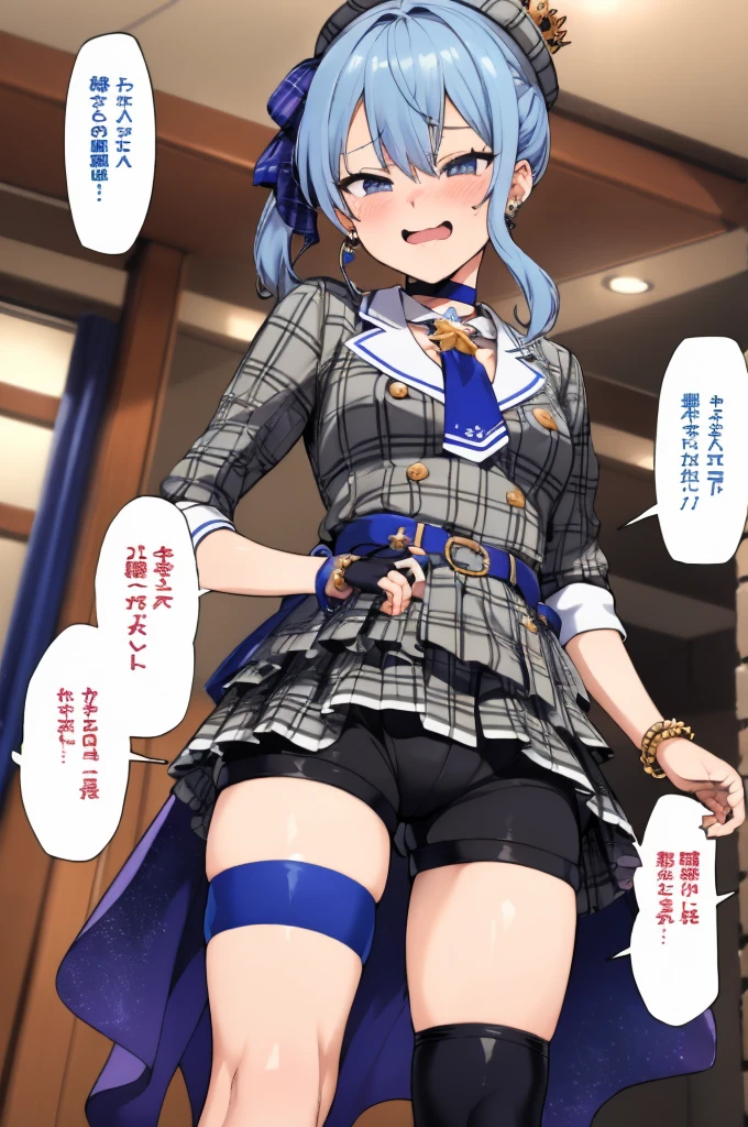 1girl, solo, detailed face,SuiseiBase, plaid beret, crown, blue star choker, star earrings, blue ascot, plaid jacket, plaid skirt, layered skirt, partially fingerless gloves, star bracelet, uneven legwear, thigh strap,(bike shorts),looking viewer,,embarrassed face,small breasts,standing,indoor