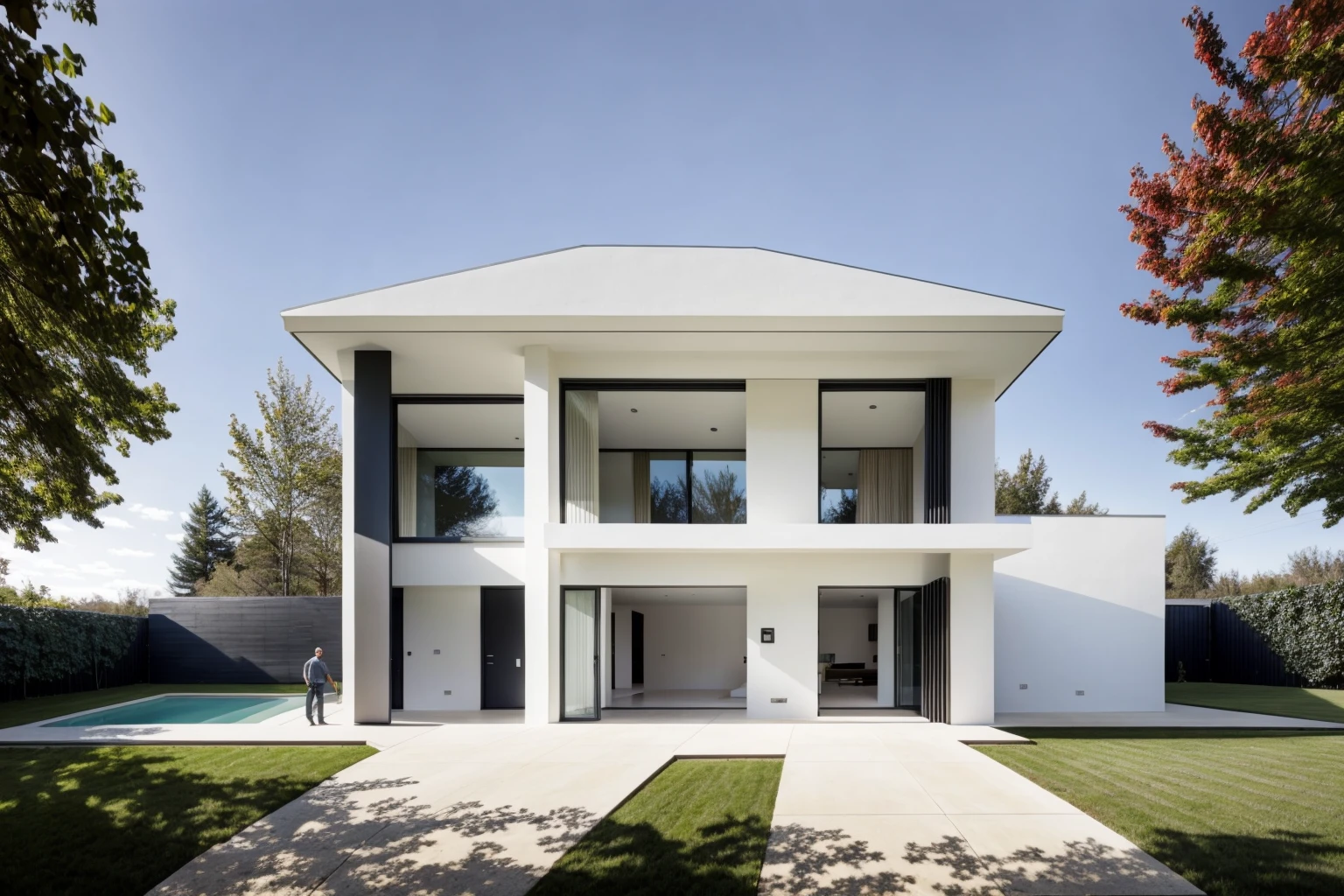 1 architecte moderne, main material by white wall and wood, 1 large courtyard, 1 road passes in front of the house, (photo brute, Real, best quality, head of'artwork:1.2), avoir l'modern and minimalist look, 1 route devant la maison, Dynamic lighting:1.3, (hyper Realistic, photo-Realistic:1.2), high quality, (dark lighting:1.2), perfect lighting, archaic, Aucun humain