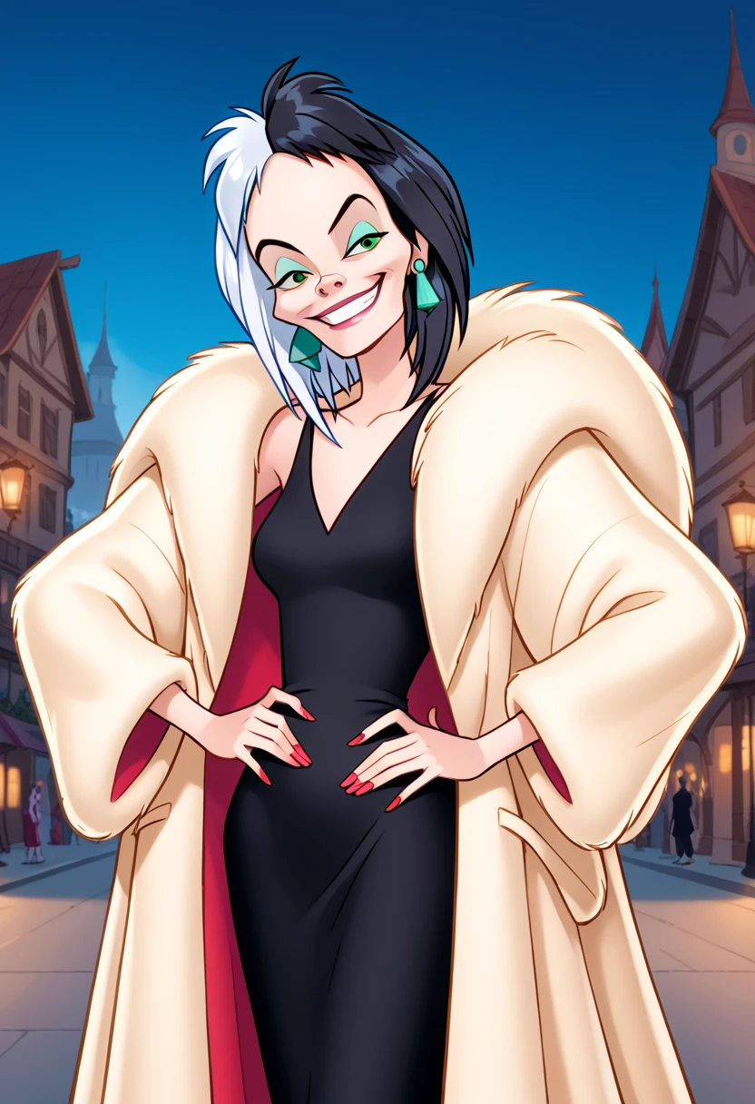 score_9, score_8, score_9, BREAK, cruella, multicolored hair, dress, fur coat, earrings, smirk, outdoors, natural lighting