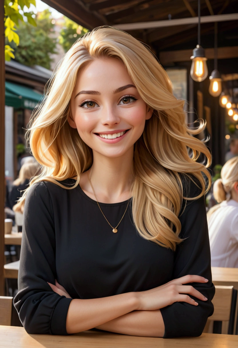 a woman with a wide, warm smile. She has long, blonde hair, that fall softly on your shoulders. She is wearing a black long-sleeved blouse. The woman is in an outdoor environment, probably in a cafe or restaurant, with a relaxed and illuminated atmosphere in the background. Her expression is one of joy and happiness, transmitting a feeling of well-being and positivity.