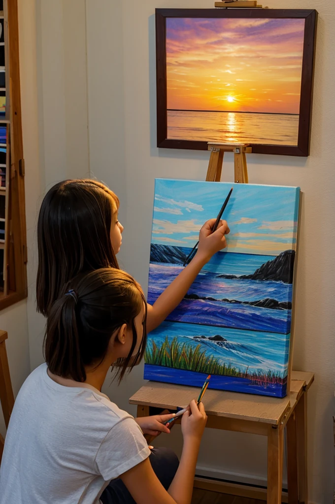 An art room where a girl is drawing a sunset on a canvas
