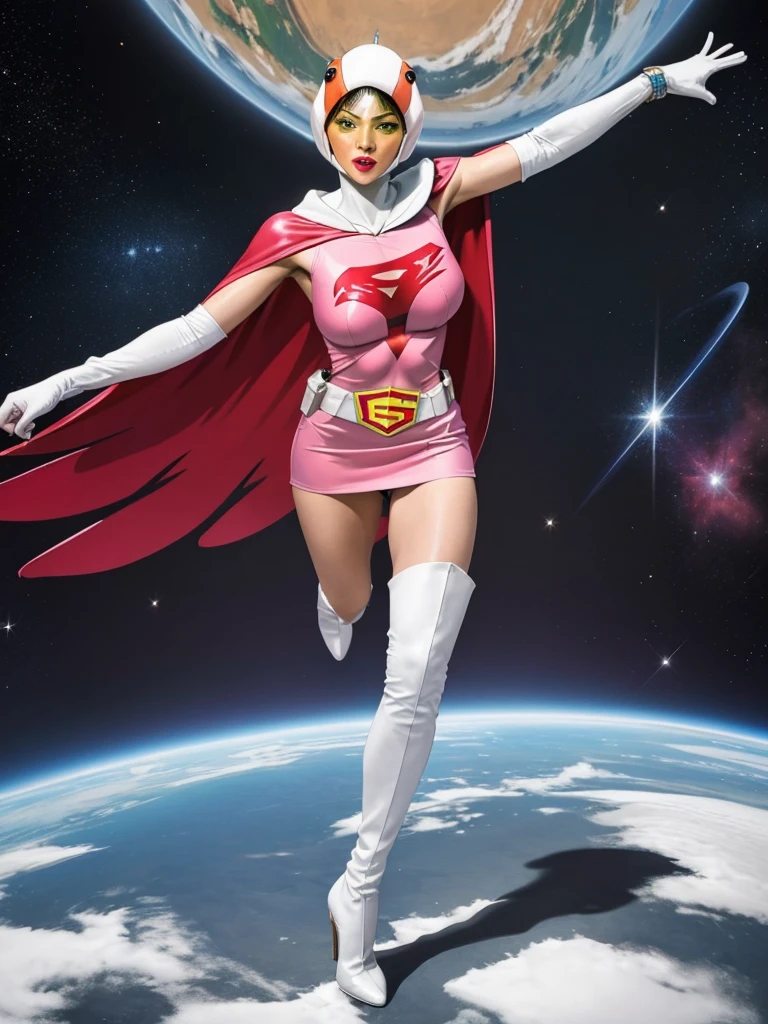 ANI_CLASSIC_jun_gatchaman_ownwaifu,1girl, 17yo,good anatomy, masterpiece, best quality,realistic, hyperrealistic, 16k hdr, long hair,breasts,green eyes,lips,large breasts,lipstick,makeup,gloves,cape,helmet,belt,elbow gloves,white gloves,mask,ultra miniskirt,leotard,spacesuit,white tight overknee highheels boots,pink dress,superhero,bodysuit,cleavage,erected nipples,(sexy pose,front view),(spread legs:1.1),cameltoe