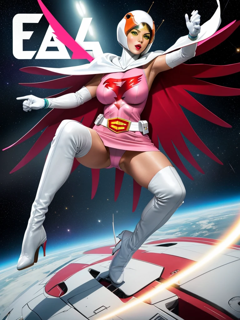 ANI_CLASSIC_jun_gatchaman_ownwaifu,1girl, 17yo,good anatomy, masterpiece, best quality,realistic, hyperrealistic, 16k hdr, long hair,breasts,green eyes,lips,large breasts,lipstick,makeup,gloves,cape,helmet,belt,elbow gloves,white gloves,mask,ultra miniskirt,leotard,spacesuit,white tight overknee highheels boots,pink dress,superhero,bodysuit,cleavage,erected nipples,(sexy pose,front view),(spread legs:1.1),cameltoe